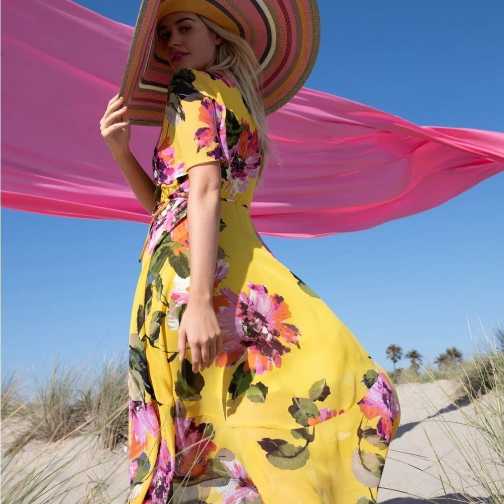 Trina Turk Yellow Floral Wrap Midi Dress | Resort Vacation | Feminine Chic